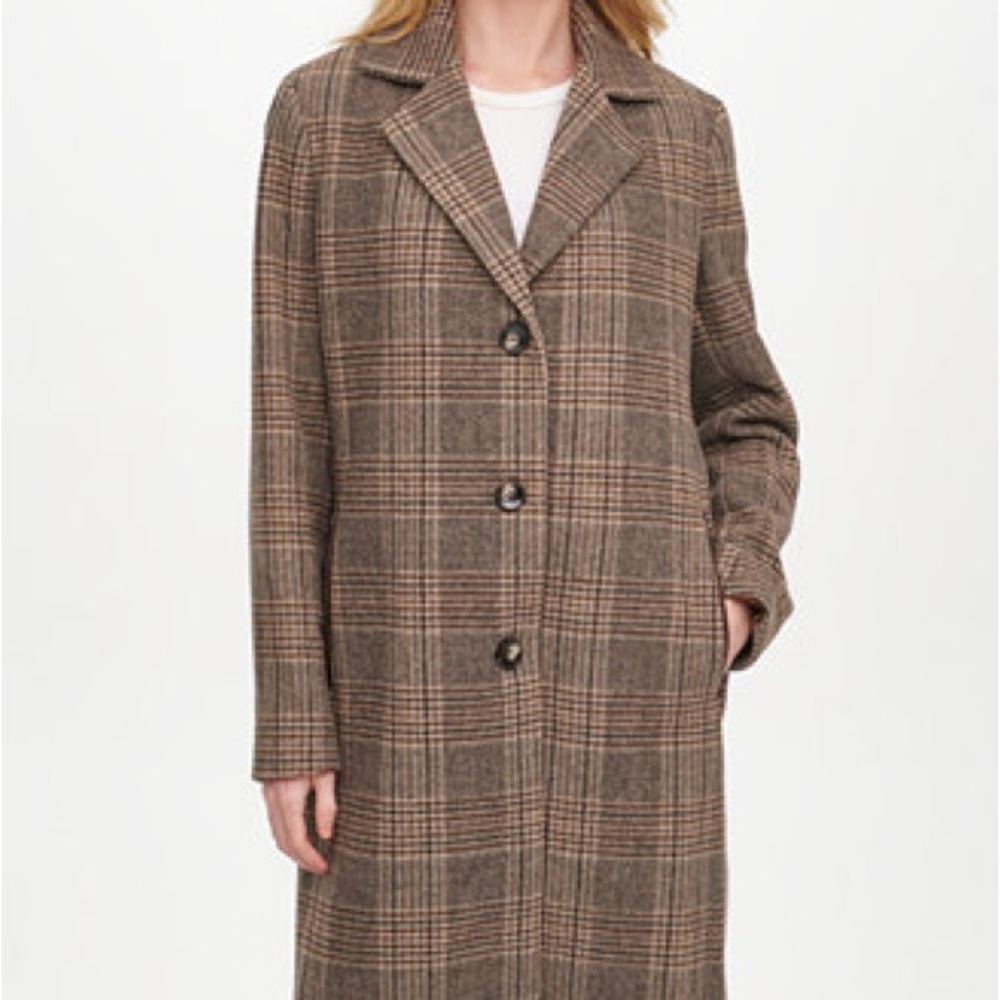 DKNY brown plaid pea coat